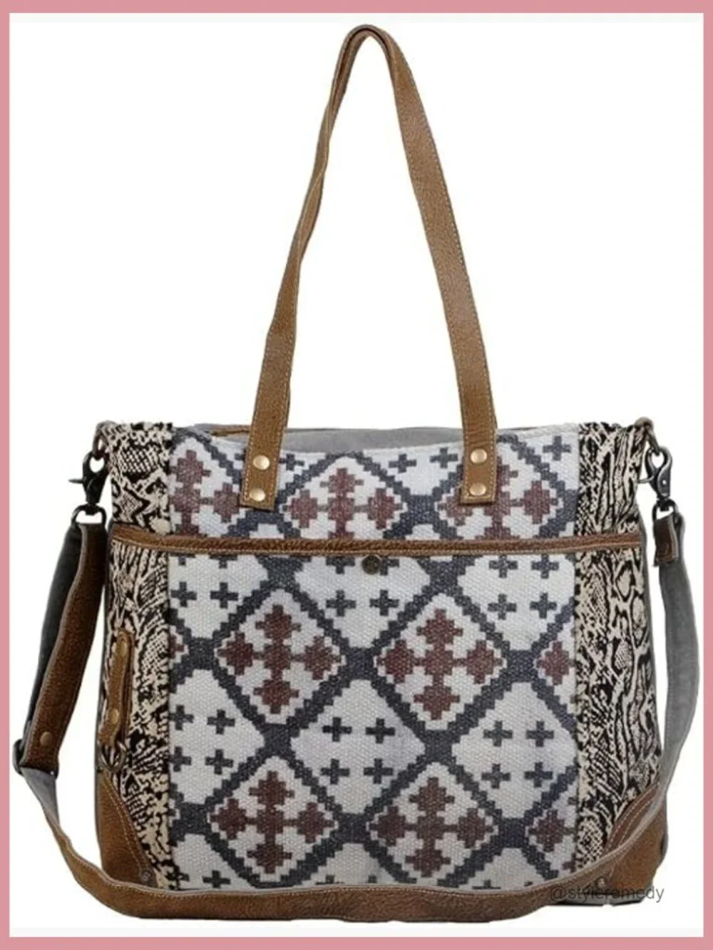 Upcycled Cotton & Leather Messenger Bag with Multiple Pockets & Adjustable Strap